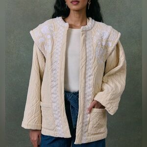 NWT Cream Quilted Jacket with White Embroidery